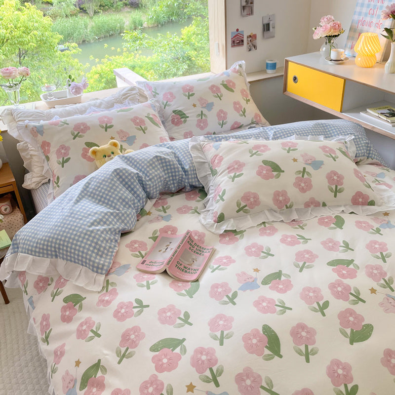 HKM-096275 Floral Cotton Four-Piece Bed Set in Princess Style for Various Bed Sizes