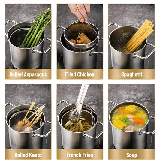 HKM-096659 Stainless Steel Deep Fryer Pot with Lid & Inner Rack for Asparagus and Pasta Cooking