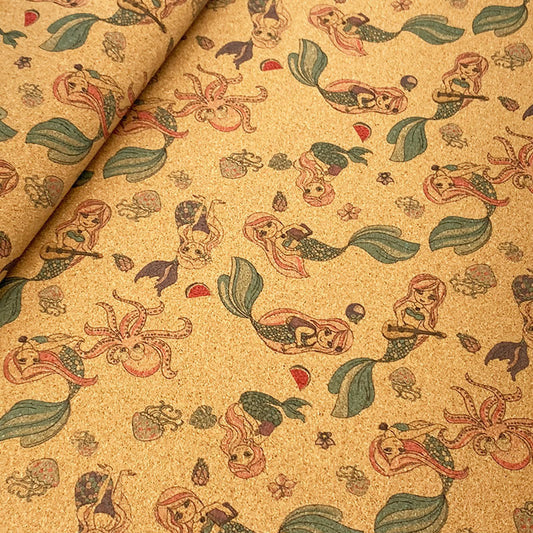 HKM-096787 Cute Mermaid Pattern Cork Fabric with Floral Background for Accessories and Apparel