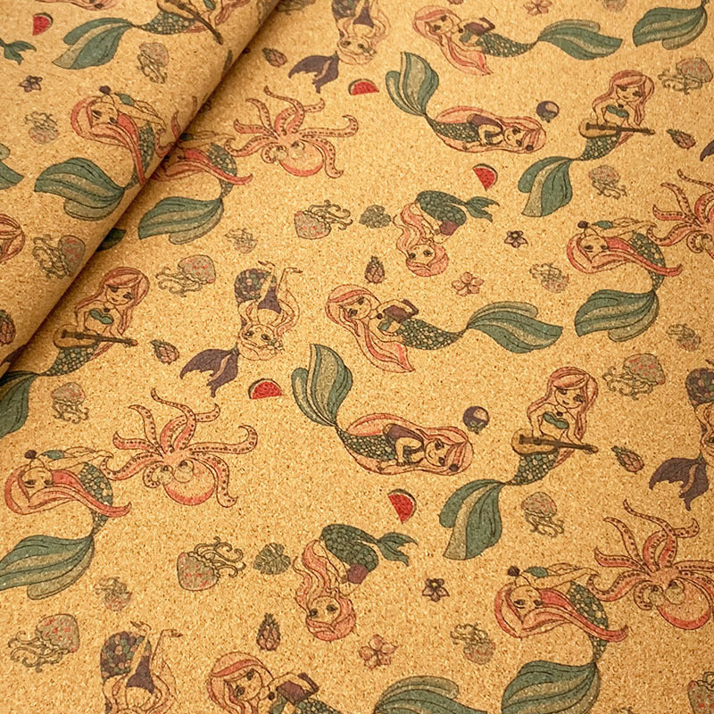 HKM-096787 Cute Mermaid Pattern Cork Fabric with Floral Background for Accessories and Apparel