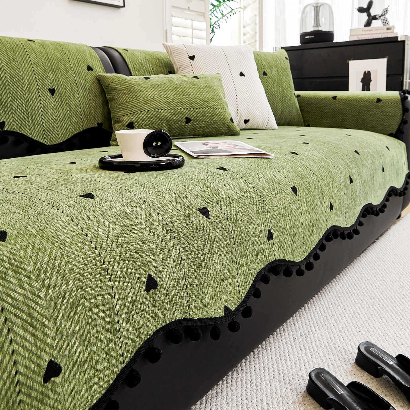 HKM-096851 Chenille Solid Color Sofa Cushion - Stylish Dust Cover in Matcha Green, Khaki, and Creamy White