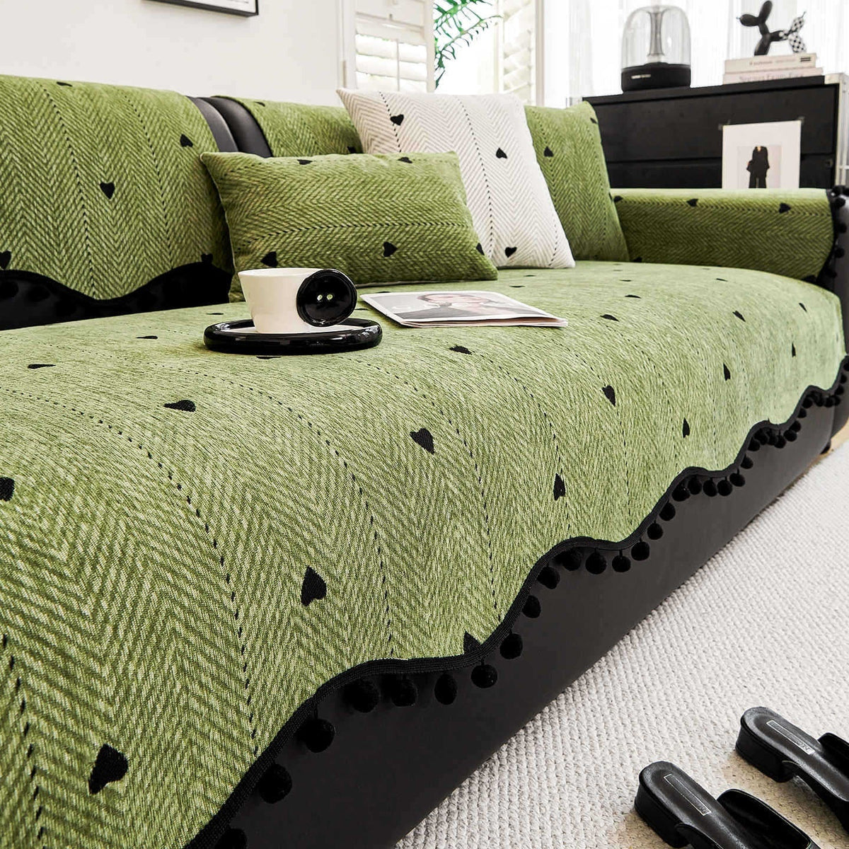 HKM-096851 Chenille Solid Color Sofa Cushion - Stylish Dust Cover in Matcha Green, Khaki, and Creamy White