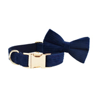 HKM-0972349 Navy Blue Corduroy Five-Piece Pet Accessory Set: Collar, Leash, Bow, Vest, Poop Bag