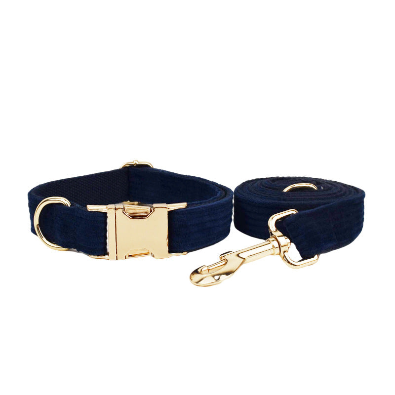 HKM-0972349 Navy Blue Corduroy Five-Piece Pet Accessory Set: Collar, Leash, Bow, Vest, Poop Bag