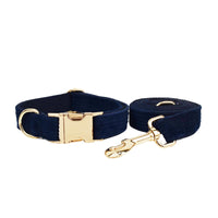 HKM-0972349 Navy Blue Corduroy Five-Piece Pet Accessory Set: Collar, Leash, Bow, Vest, Poop Bag