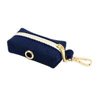 HKM-0972349 Navy Blue Corduroy Five-Piece Pet Accessory Set: Collar, Leash, Bow, Vest, Poop Bag