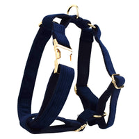 HKM-0972349 Navy Blue Corduroy Five-Piece Pet Accessory Set: Collar, Leash, Bow, Vest, Poop Bag