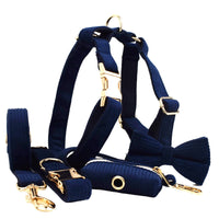 HKM-0972349 Navy Blue Corduroy Five-Piece Pet Accessory Set: Collar, Leash, Bow, Vest, Poop Bag
