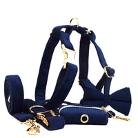 HKM-0972349 Navy Blue Corduroy Five-Piece Pet Accessory Set: Collar, Leash, Bow, Vest, Poop Bag