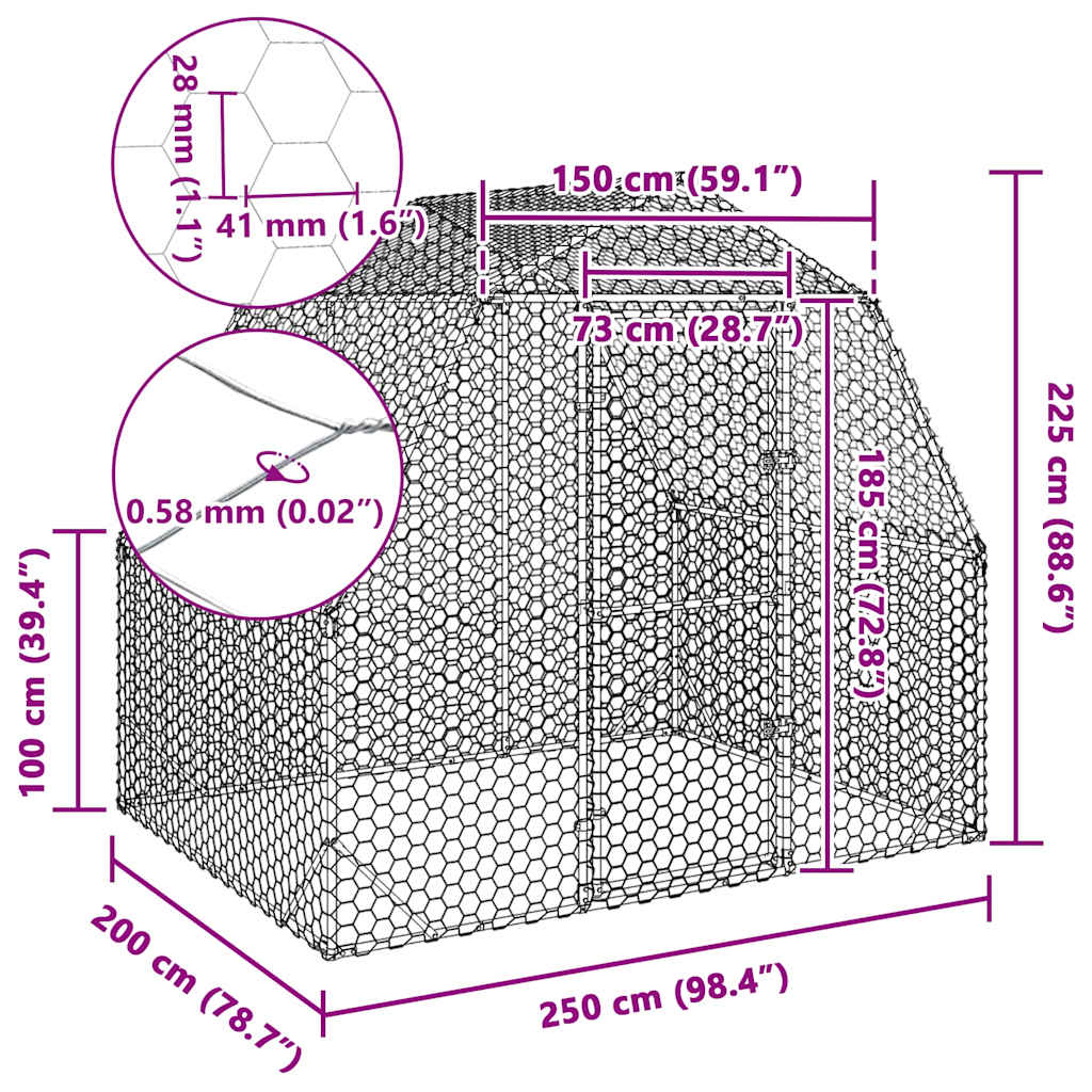 HKM-0974141 Galvanized Steel Chicken Coop - Spacious 2.5x2x2.25 m Run for Chickens and Small Animals