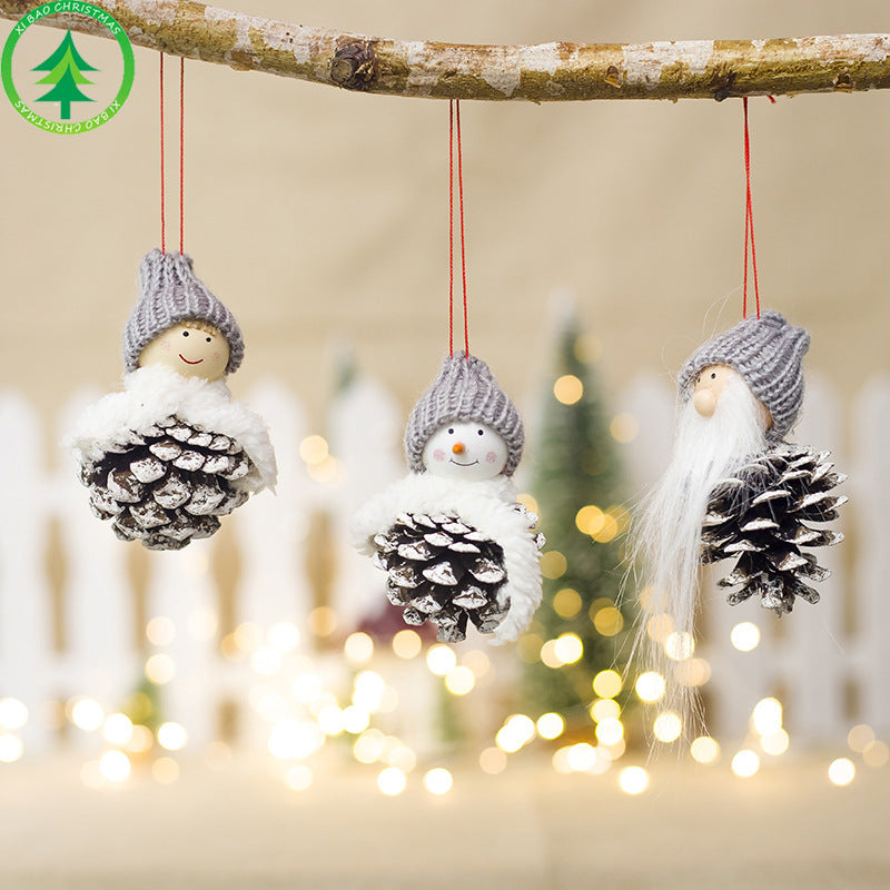 HKM-097555 Creative Wood Doll Pine Cone Pendant Charm - Set of 3 Christmas Decorations