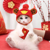 HKM-0977341 Decorative Woolen Pet Caps - Red God of Wealth and White Cat of Wealth for Winter Use