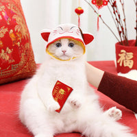 HKM-0977341 Decorative Woolen Pet Caps - Red God of Wealth and White Cat of Wealth for Winter Use