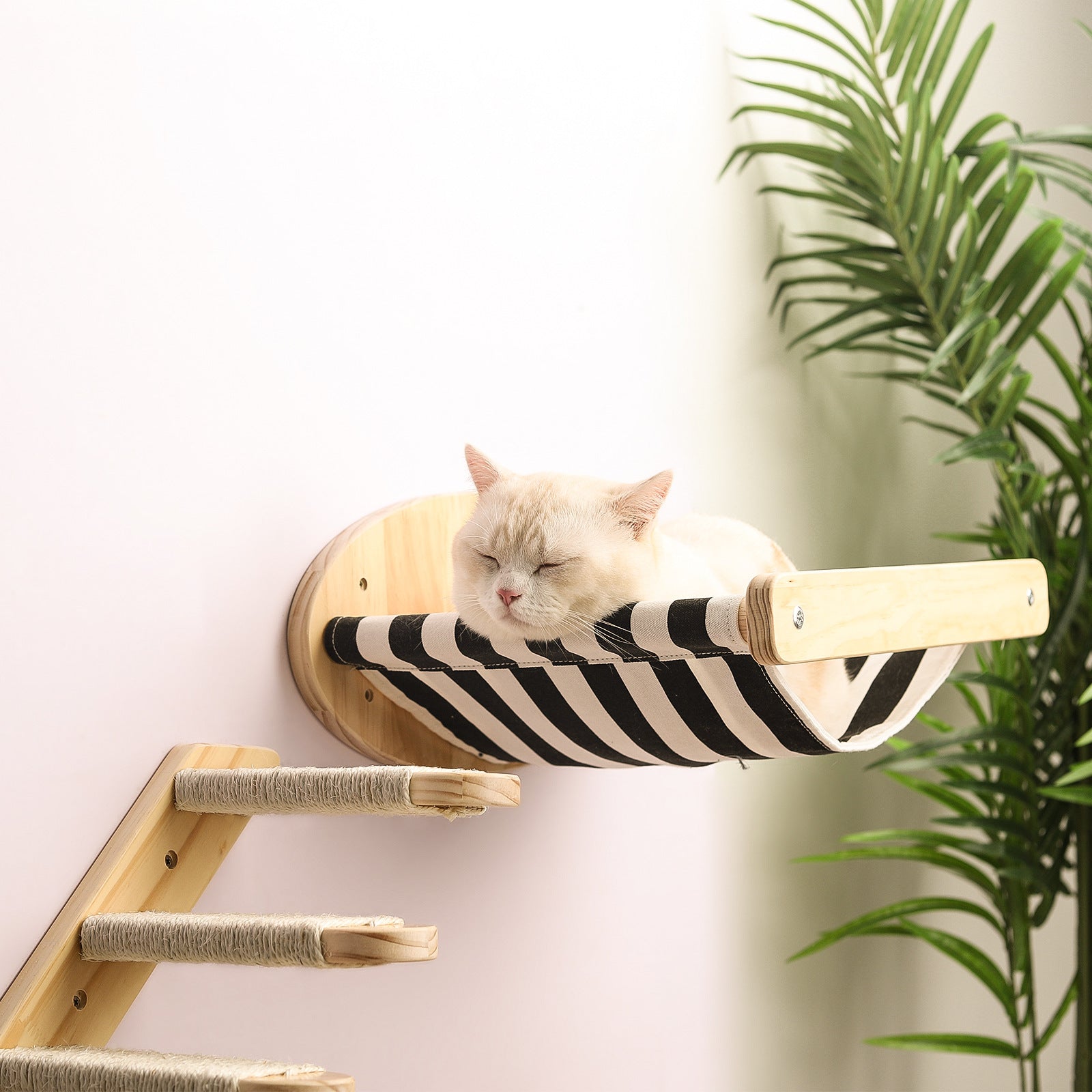 HKM-0978493 Solid Wood Cat Scratching Board with Sisal Column and Hammock - Fashion Minimalist Design
