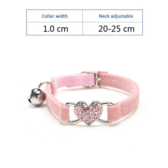HKM-0980285 Plush Fabric Pet Collar with Water Diamond Design and Bell - Red, Blue, Purple, Black, Pink