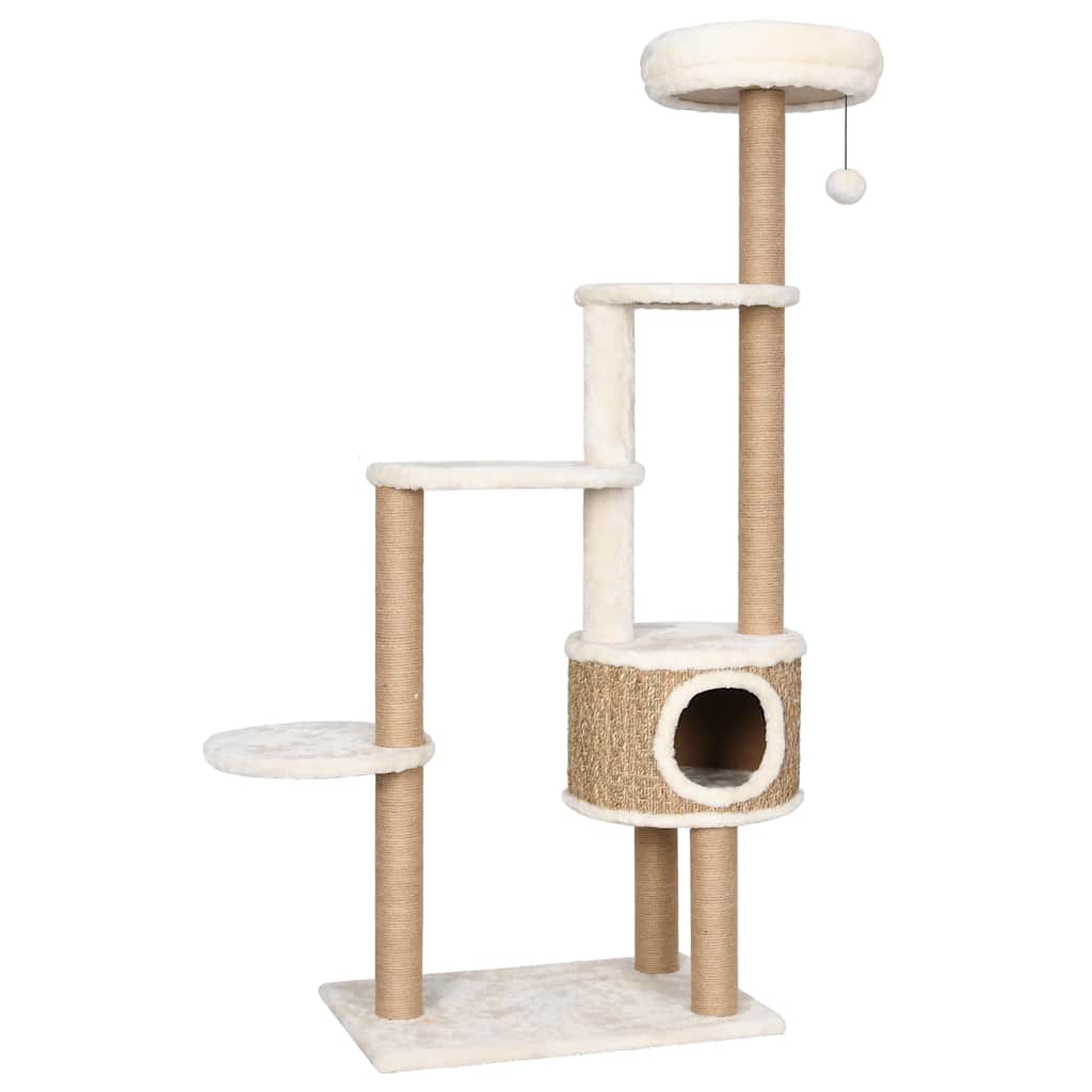HKM-0981565 Cat Tree with Luxurious Cushion and Seagrass Scratching Posts - 148cm Beige Play Center for Cats