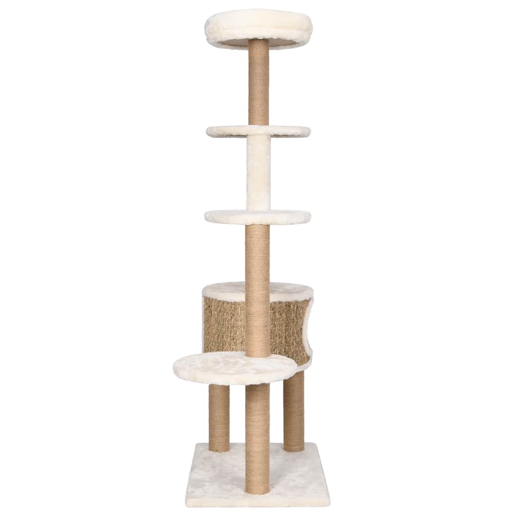 HKM-0981565 Cat Tree with Luxurious Cushion and Seagrass Scratching Posts - 148cm Beige Play Center for Cats