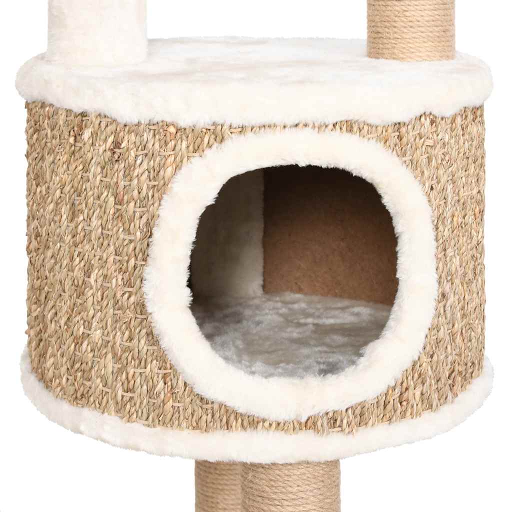 HKM-0981565 Cat Tree with Luxurious Cushion and Seagrass Scratching Posts - 148cm Beige Play Center for Cats