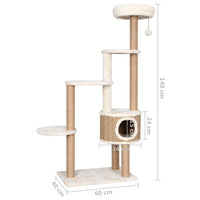 HKM-0981565 Cat Tree with Luxurious Cushion and Seagrass Scratching Posts - 148cm Beige Play Center for Cats