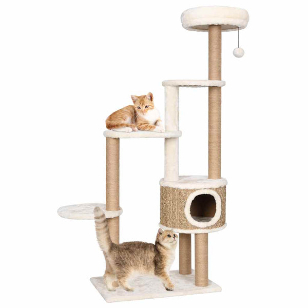HKM-0981565 Cat Tree with Luxurious Cushion and Seagrass Scratching Posts - 148cm Beige Play Center for Cats