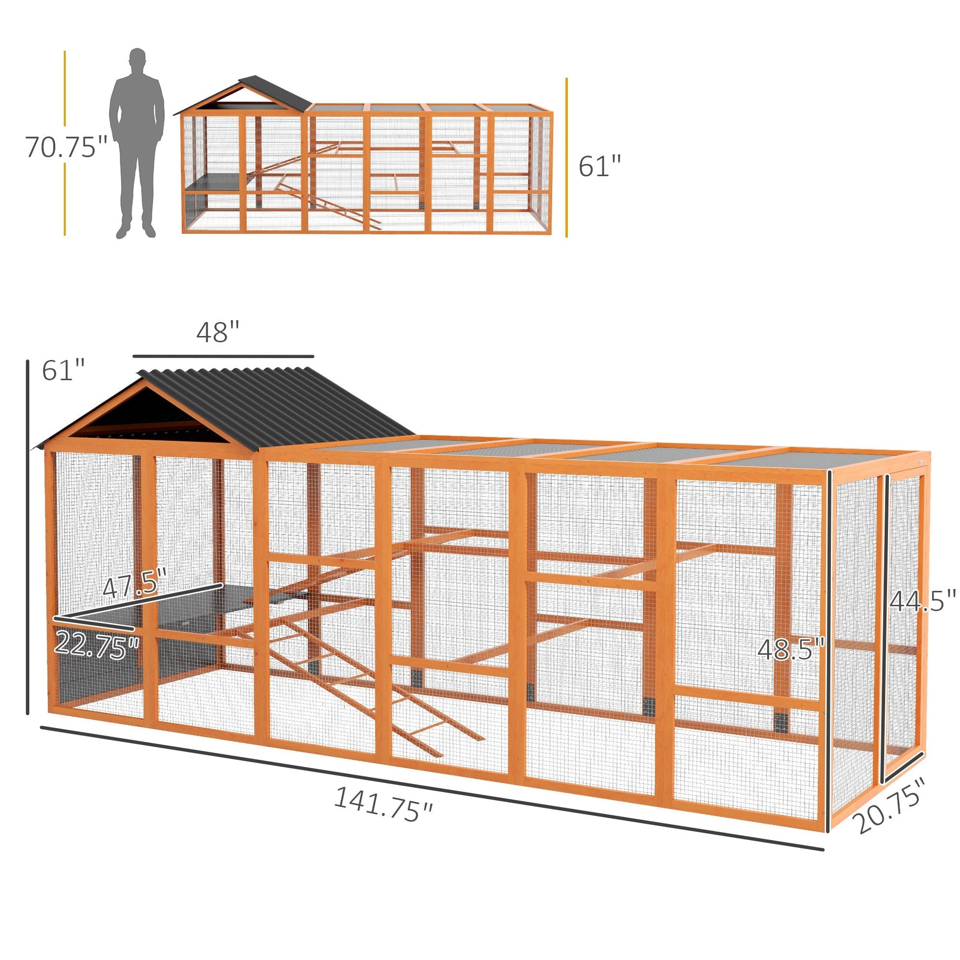 HKM-0981949 Wooden Chicken Coop Run for 6-10 Chickens with Storage, Perches & Ladders - 141.75"x48"x61", Orange