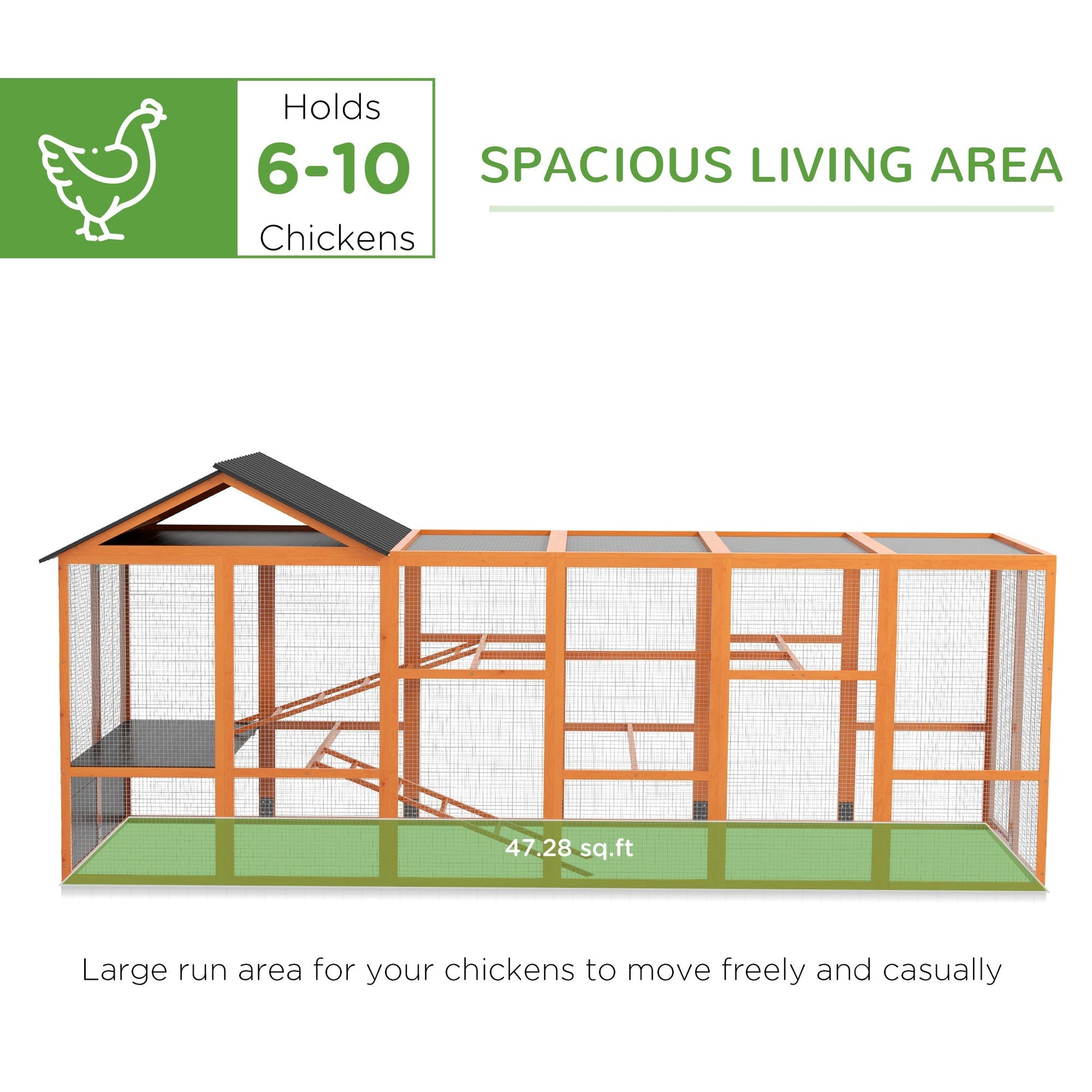 HKM-0981949 Wooden Chicken Coop Run for 6-10 Chickens with Storage, Perches & Ladders - 141.75"x48"x61", Orange