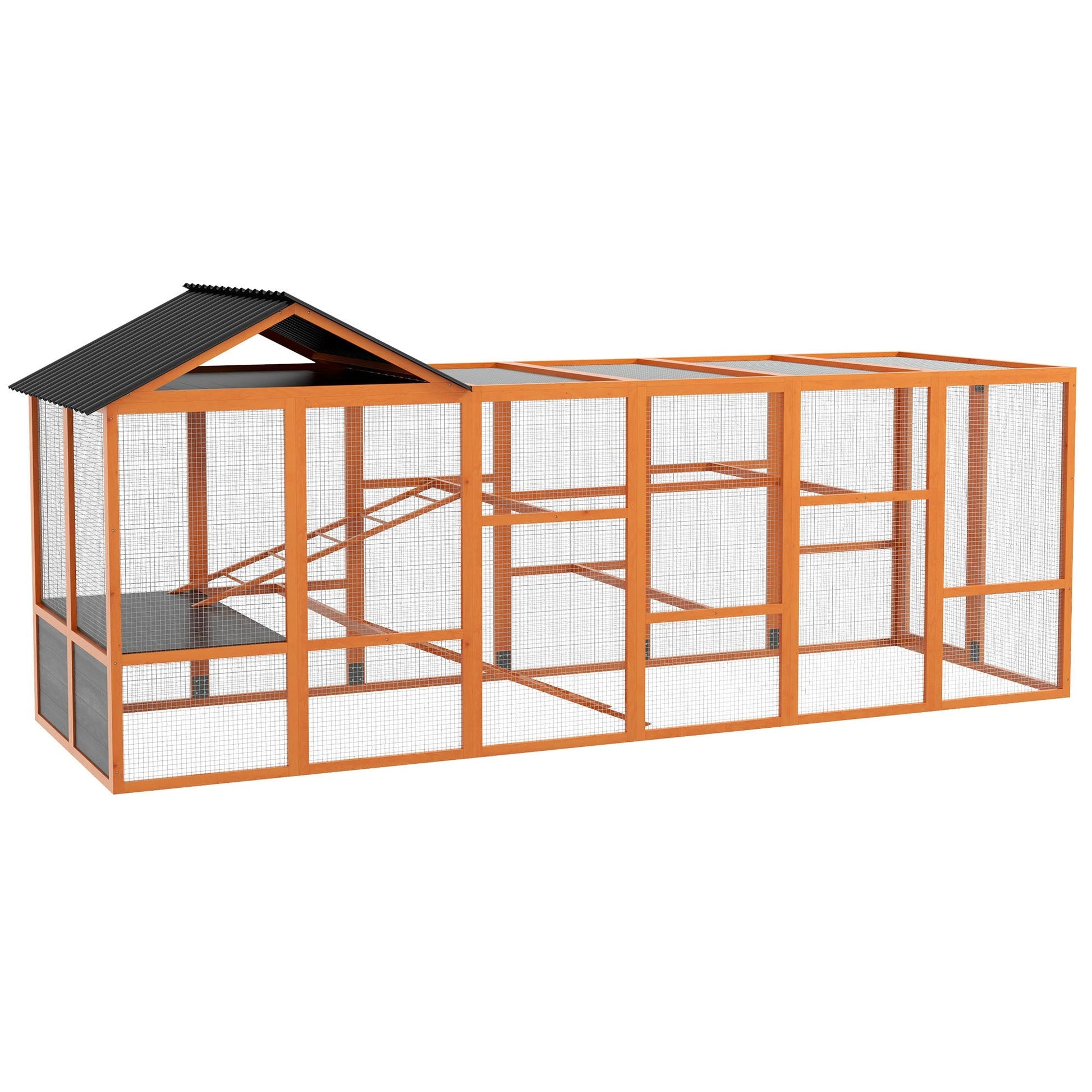 HKM-0981949 Wooden Chicken Coop Run for 6-10 Chickens with Storage, Perches & Ladders - 141.75"x48"x61", Orange