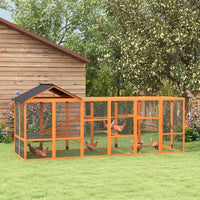 HKM-0981949 Wooden Chicken Coop Run for 6-10 Chickens with Storage, Perches & Ladders - 141.75"x48"x61", Orange