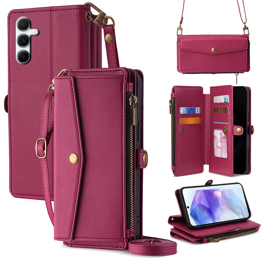 HKM-098195 Anti-Fall Crossbody Leather Case for Samsung with Bracket and Card Holder in Multiple Colors