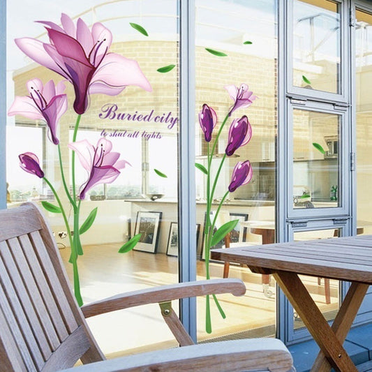 HKM-098195 Purple Flower Self-Adhesive Wall Sticker for Romantic Home Décor, Removable PVC Design