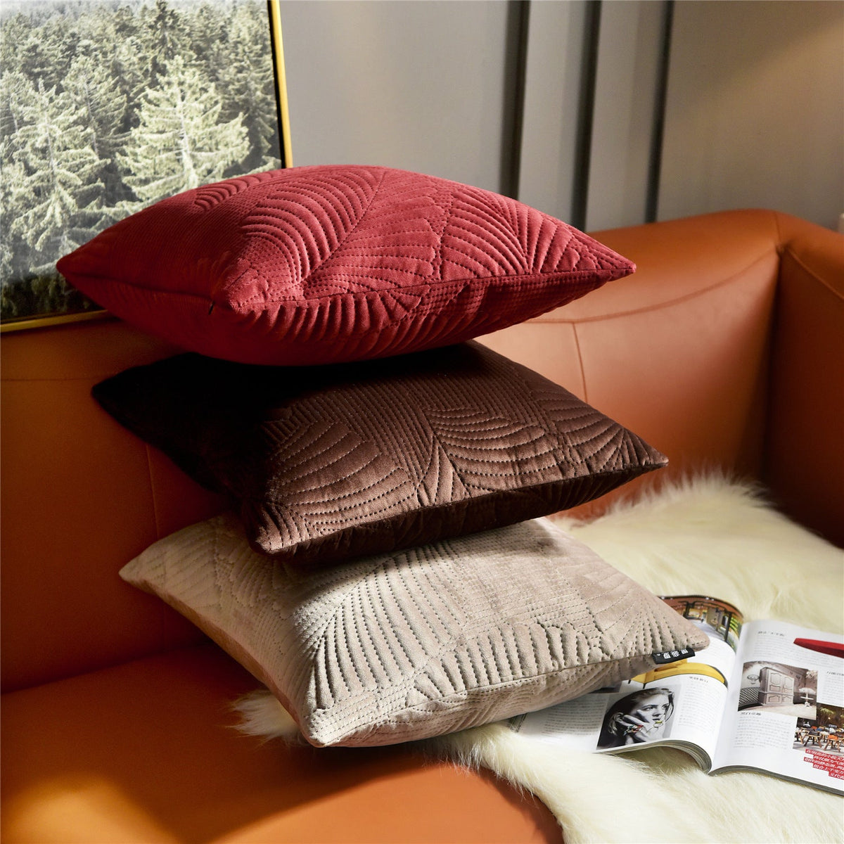 HKM-098323 Modern Leaf Pattern Pillow Cover - Wine Red, Beige, Brown - 45x45cm Cushion for Living Room, Bedroom, Study, Balcony