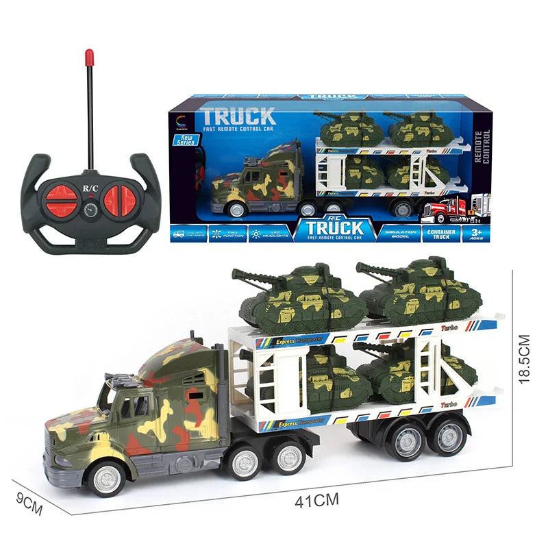 HKM-098515 Double Decker Military Remote Control Transport Vehicle with 6 Friction Cars for Kids