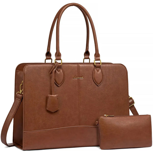 HKM-098643 Large Vintage PU Leather Waterproof Work Tote for Women - 17 Inch Business Office Briefcase Laptop Bag