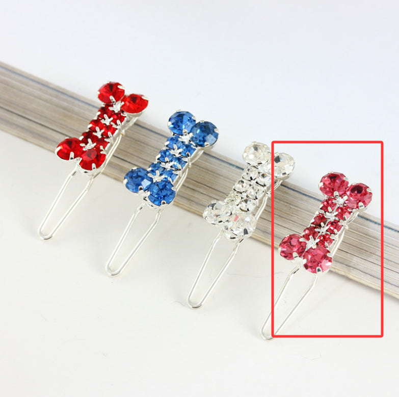 HKM-0989885 Rhinestone Dog Bone Barrettes in White, Pink, Blue, and Red - Stylish Pet Decoration Accessory