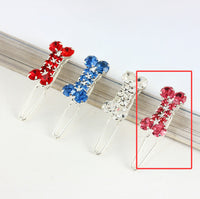 HKM-0989885 Rhinestone Dog Bone Barrettes in White, Pink, Blue, and Red - Stylish Pet Decoration Accessory