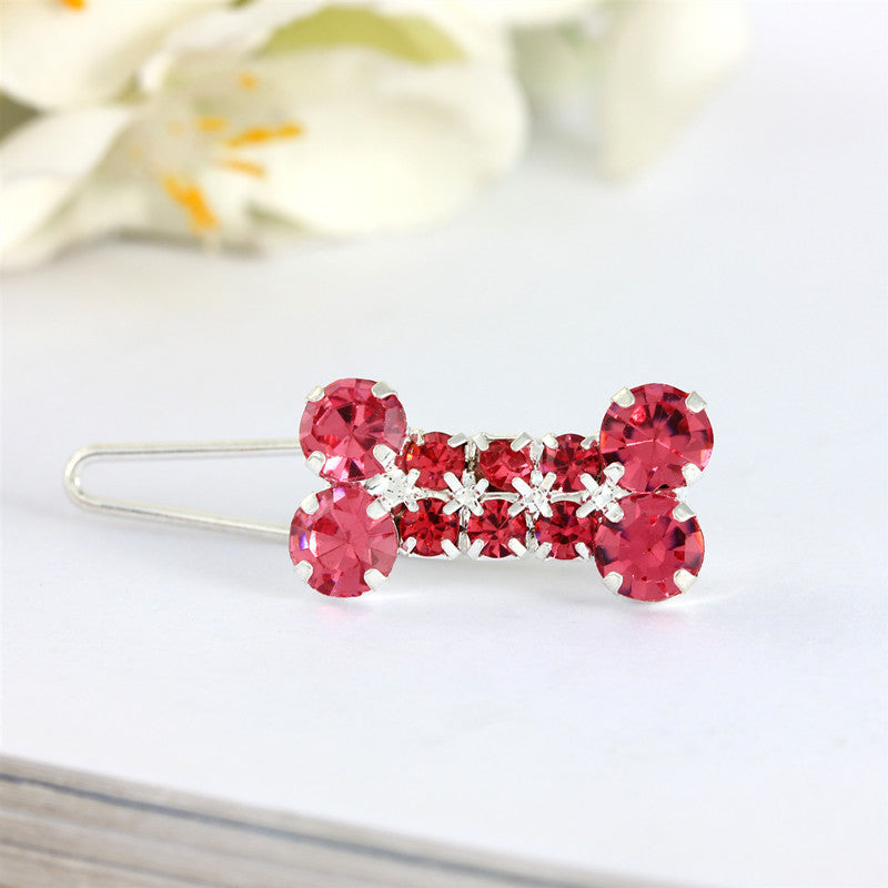 HKM-0989885 Rhinestone Dog Bone Barrettes in White, Pink, Blue, and Red - Stylish Pet Decoration Accessory