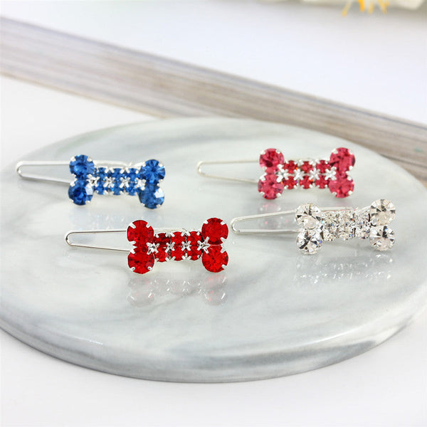 HKM-0989885 Rhinestone Dog Bone Barrettes in White, Pink, Blue, and Red - Stylish Pet Decoration Accessory