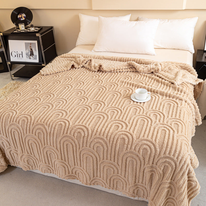 HKM-099091 Double-sided Jacquard Flannel Coral Fleece Blanket Shawl in Multiple Sizes