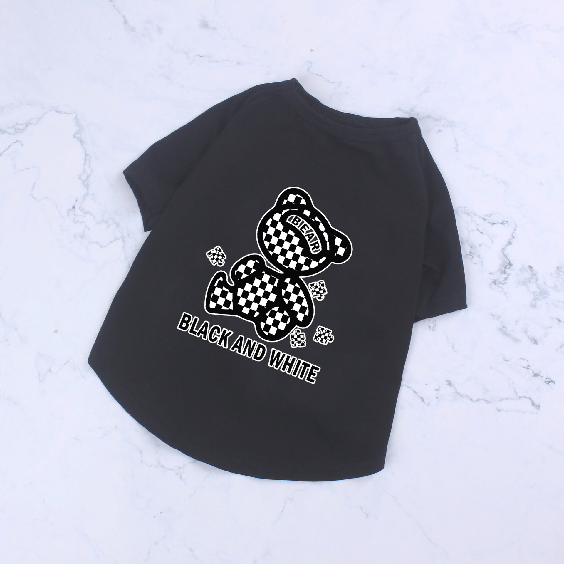 HKM-0994365 Cotton Short Sleeve T-Shirt with Black and White Plaid Bear Design