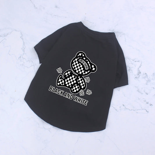 HKM-0994365 Cotton Short Sleeve T-Shirt with Black and White Plaid Bear Design