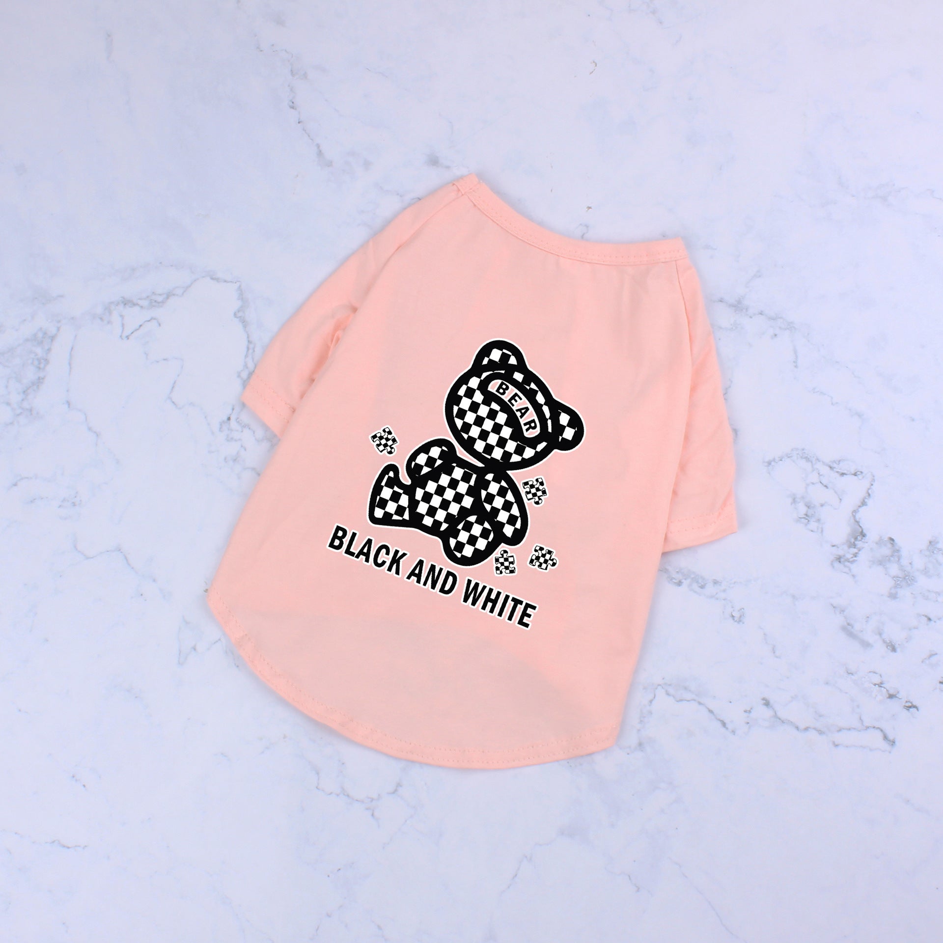 HKM-0994365 Cotton Short Sleeve T-Shirt with Black and White Plaid Bear Design