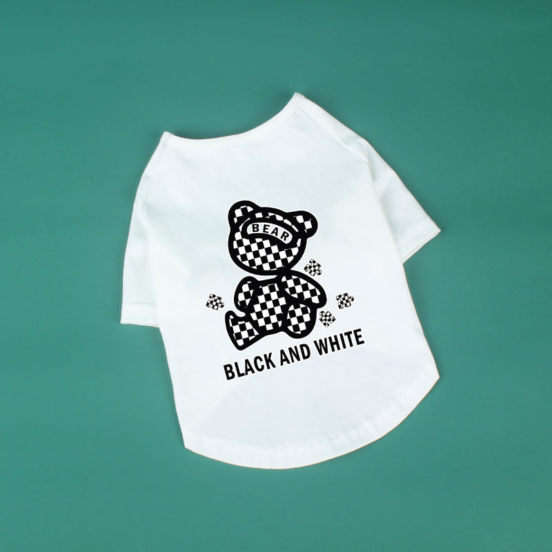 HKM-0994365 Cotton Short Sleeve T-Shirt with Black and White Plaid Bear Design