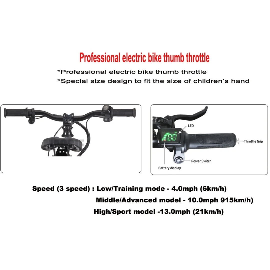 HKM-099667 Children's 12" Electric Balance Bike with Hydraulic Suspension, 250W Motor, and 3 Speed Settings
