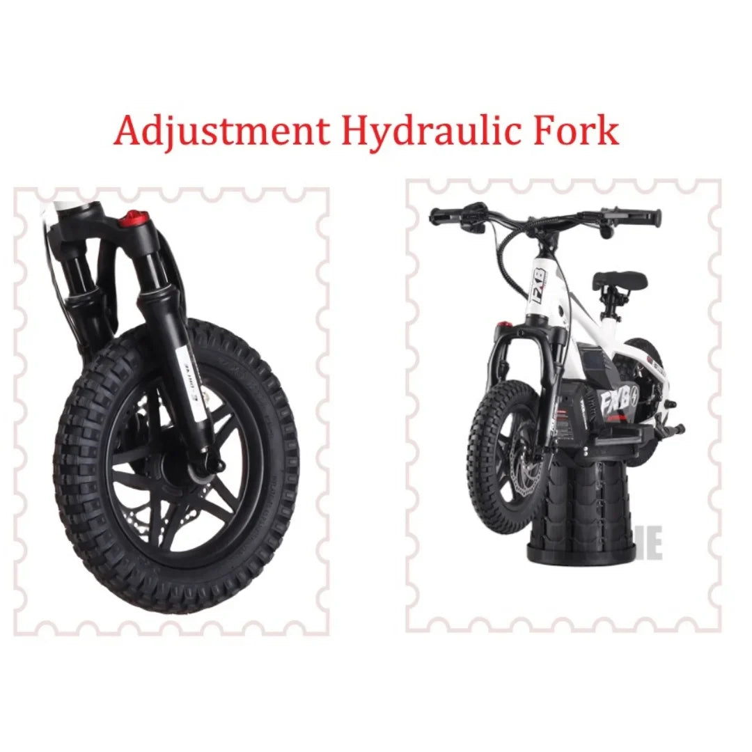 HKM-099667 Children's 12" Electric Balance Bike with Hydraulic Suspension, 250W Motor, and 3 Speed Settings