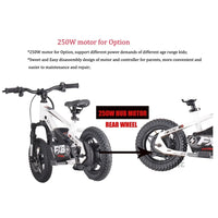 HKM-099667 Children's 12" Electric Balance Bike with Hydraulic Suspension, 250W Motor, and 3 Speed Settings