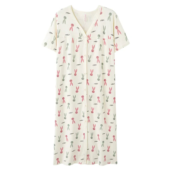 HKM-099795 Lovely Printed Women's Nightdress Cotton Short Sleeve Single Skirt 2024 Summer Loose Comfortable Cardigan Home Wear Wholesale