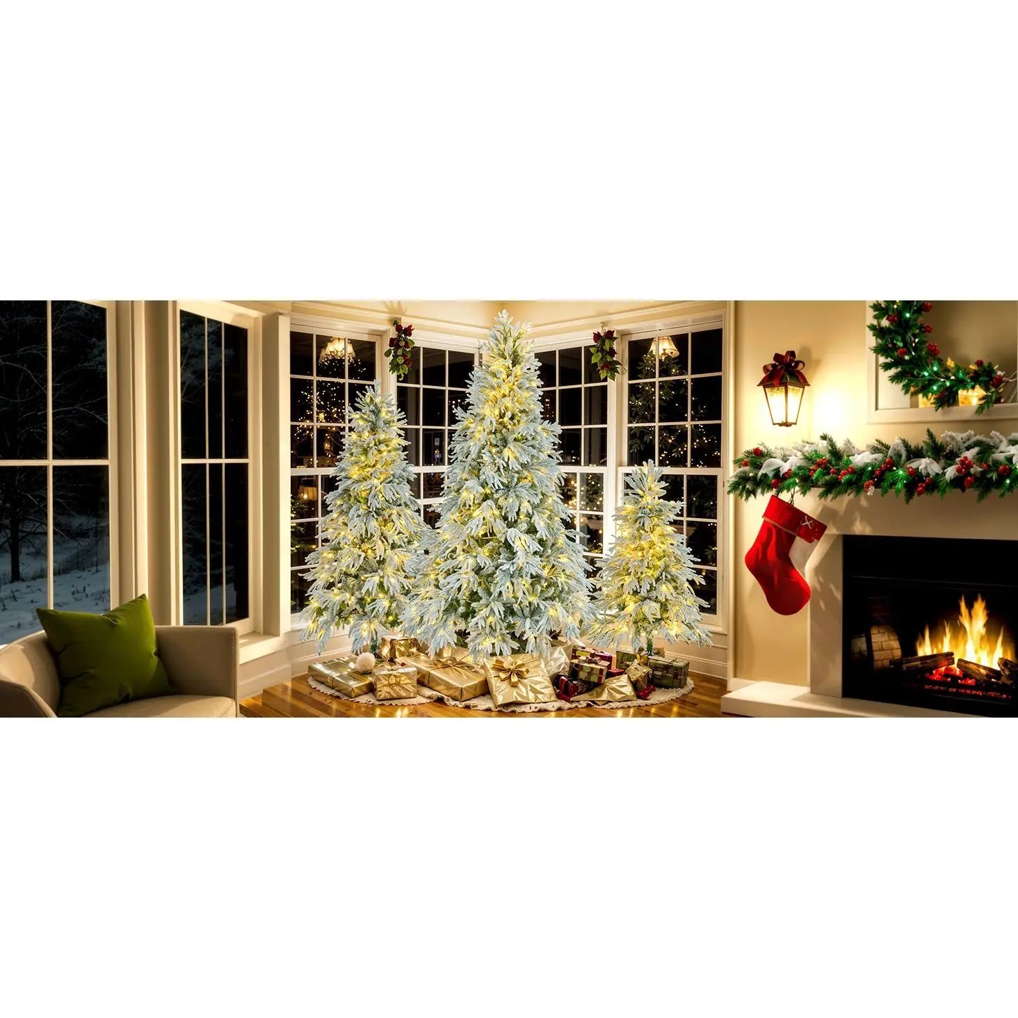 HKM-099859 7.5FT Snow Flocked Pre-Lit Christmas Tree with 350 Multi-Color LED Lights and 8 Flashing Modes