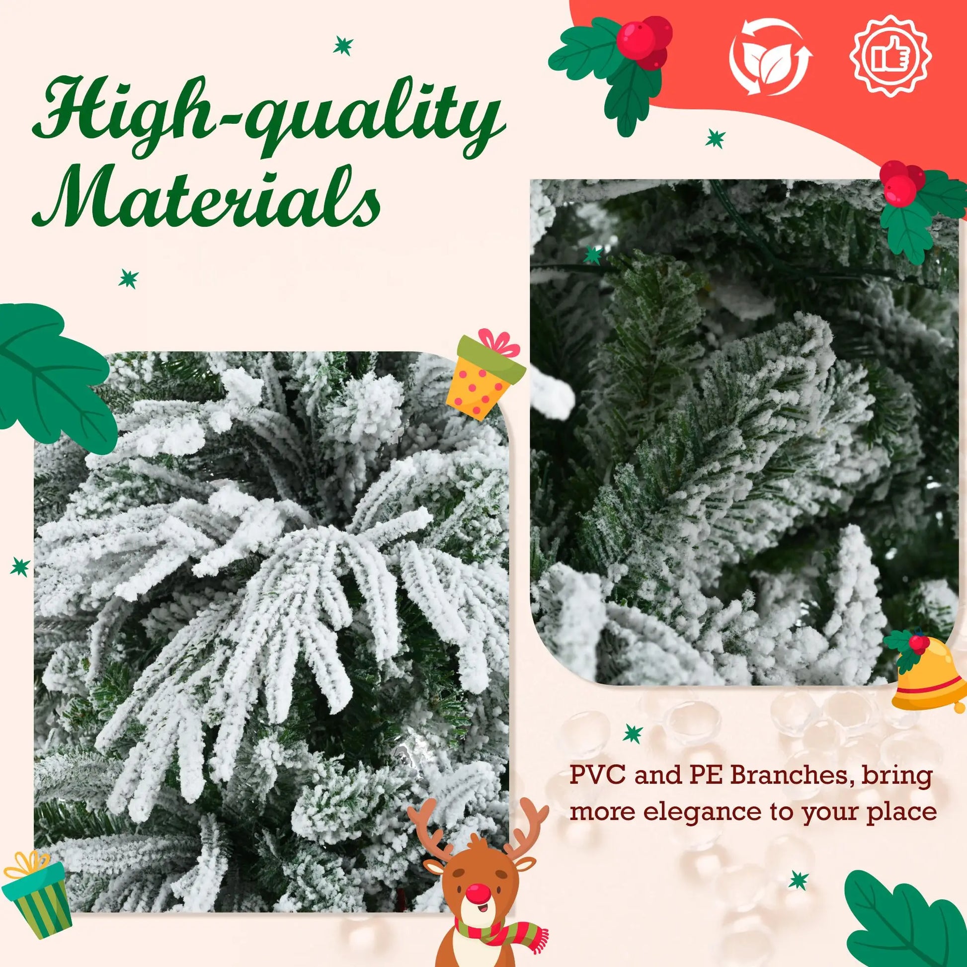 HKM-099859 7.5FT Snow Flocked Pre-Lit Christmas Tree with 350 Multi-Color LED Lights and 8 Flashing Modes
