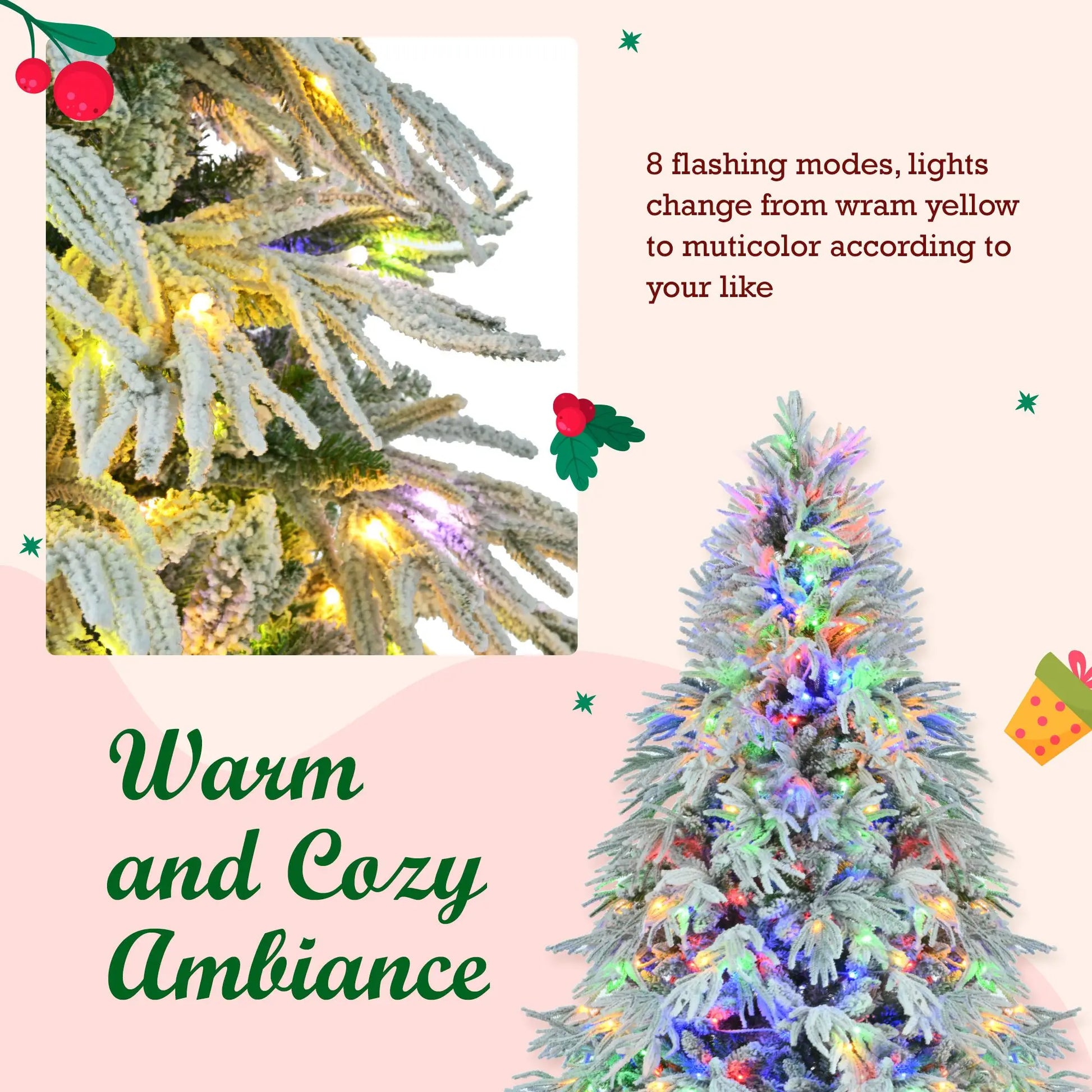 HKM-099859 7.5FT Snow Flocked Pre-Lit Christmas Tree with 350 Multi-Color LED Lights and 8 Flashing Modes