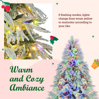 HKM-099859 7.5FT Snow Flocked Pre-Lit Christmas Tree with 350 Multi-Color LED Lights and 8 Flashing Modes